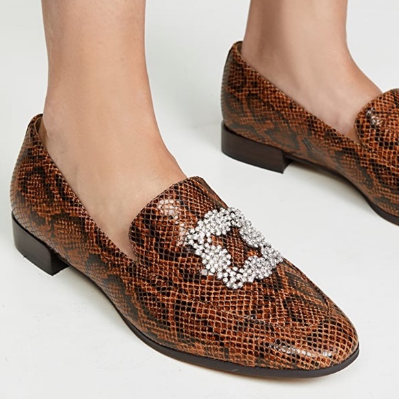 Villa Rouge Brown Faux Snake Skin and Rhinestone Detail Flats - Picture 1 of 11